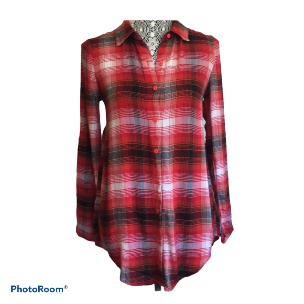 Long sleeve flannel print soft tunic shirt
